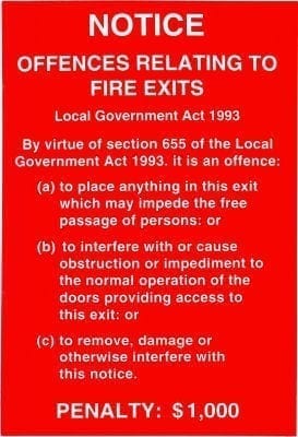 Sign Self Adhesive Offences Fire Exits Local Govt Act 225mm W x 155mm H